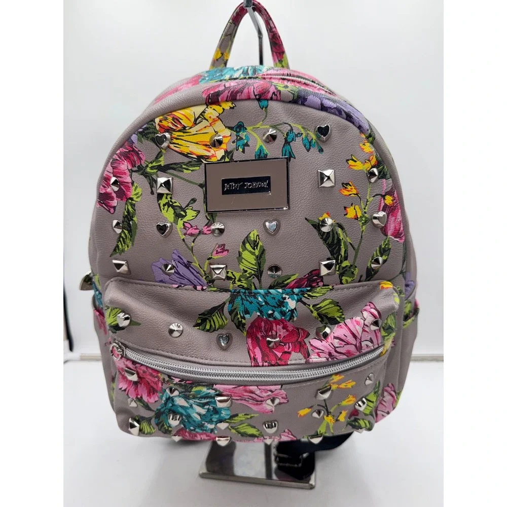 Betsey Johnson Floral Studded Backpack Grey Faux Leather Heart Pyramid Studs